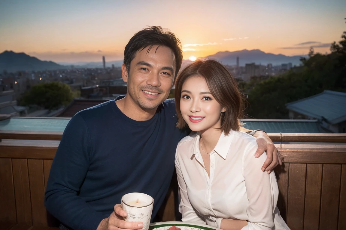 ((Highest quality、8k、masterpiece:1.3))、Izakaya、Japanese sake、Slim Couple、Model Couple、(Realistic, Intricate details:1.2), Japanese sake、One liter bottle、Japanese food、Buckwheat、Japanese sake、Shochu 、Amazing view of the sunset sky and clouds、A bright smile、The wonderfulness of smiles、Bright image、Beautiful Face, blue eyes, The light shines on your face, blush, short hair,Bright Face、 (Age 37), 39 years old, Brown Hair、Shortcuts、Long sleeve shirt、dress、Beautiful woman