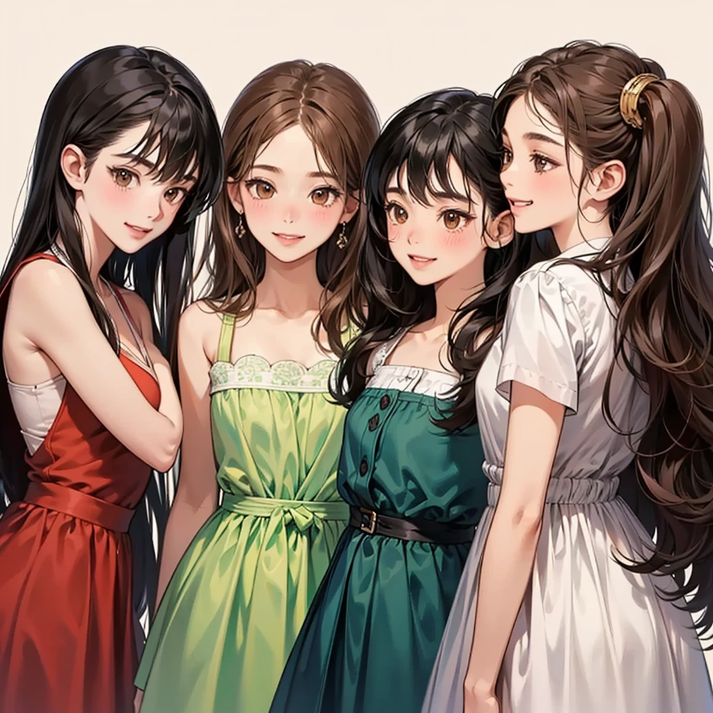 Four girls, black hair, long hair, shill, bob, smile, Stationary face,Light blush on the cheeks, brown eyes, simple background, high resolution, brown hair, stand in a line.,