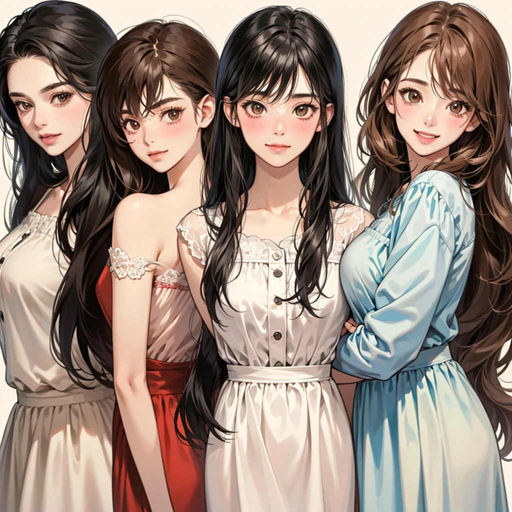 Four girls, black hair, long hair, shill, bob, smile, Stationary face,Light blush on the cheeks, brown eyes, simple background, high resolution, brown hair, stand in a line.,