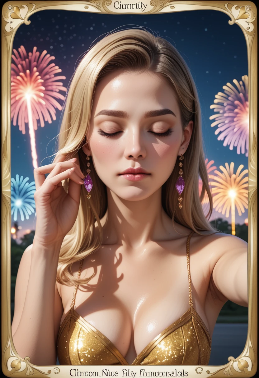 score_9, score_8_up, score_7_up, score_6_up, score_5_up, score_4_up, selfie, beautiful woman, half-up hair, attractive and seductive face, closed eyes, shy, superlative body proportion, all Tiffany Blue, tarot cards frame, background rainbow fireworks, fusion of watercolors and oil paintings, fusion of paper cutting and shadow puppetry, shading effects, gradation magic effects, glitter effects, artistic photography, hyper realistic, graphic CG digital art