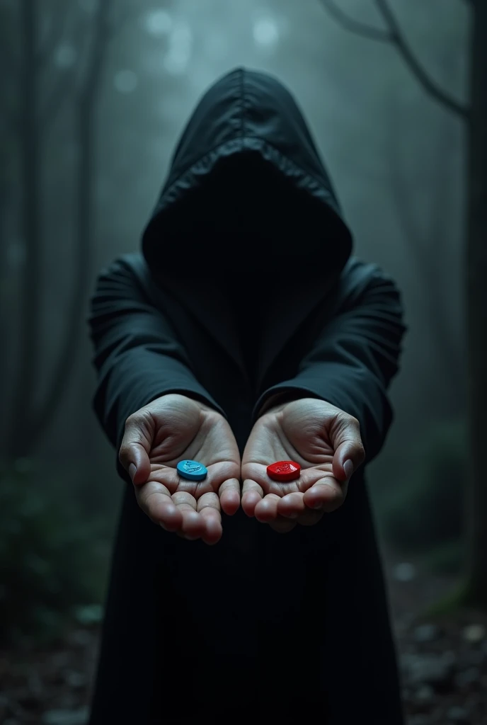 Dark character holding two pills, one in each hand, blue and one red on a dark and gloomy background