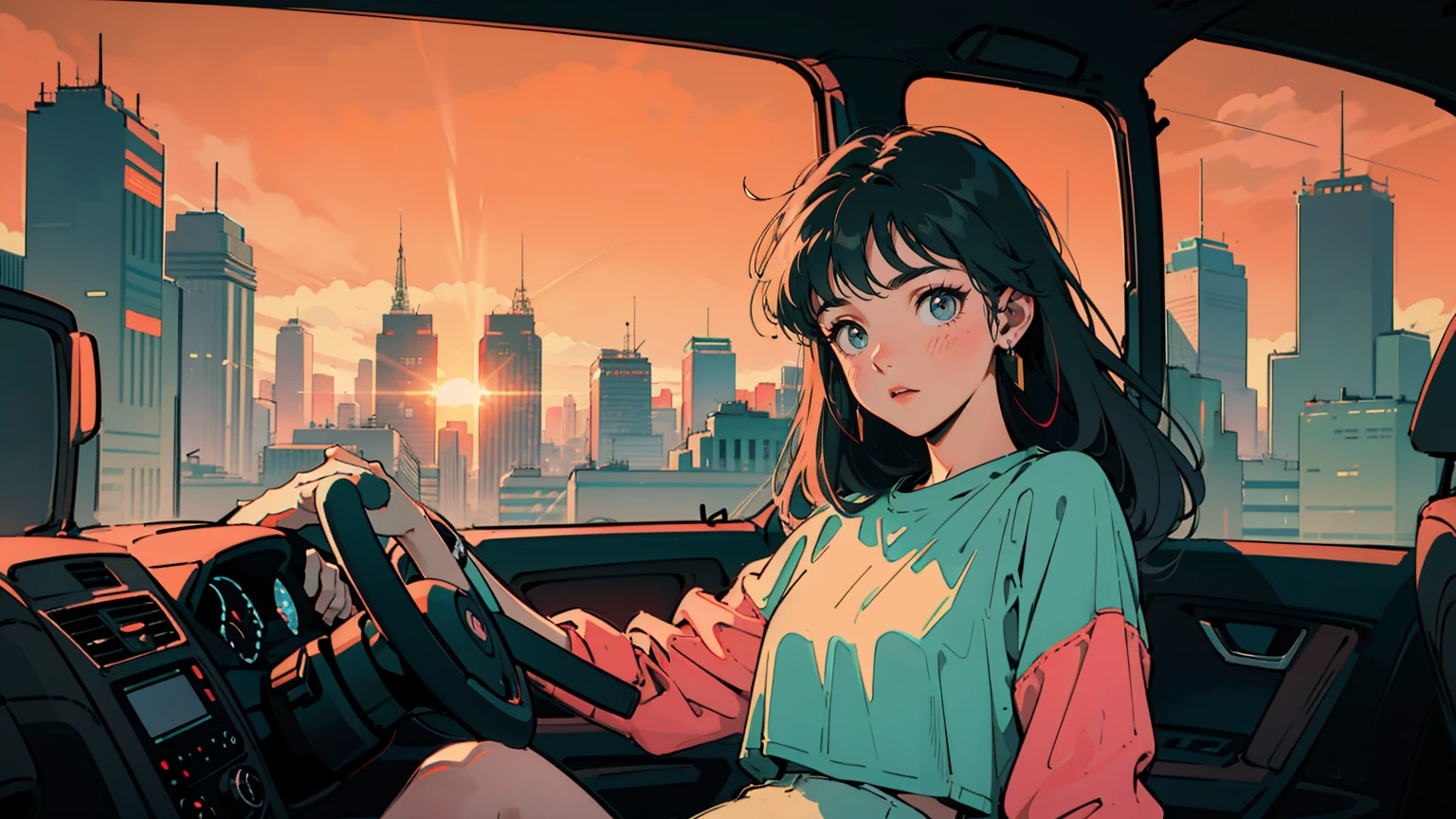 Masterpiece, a18-year-old girl, long vibrant hair, a revealing crop top and short shorts, driving car, summer, sunset, neon city view through window, soft light, flat color, looking at viewers, various colors in the image
