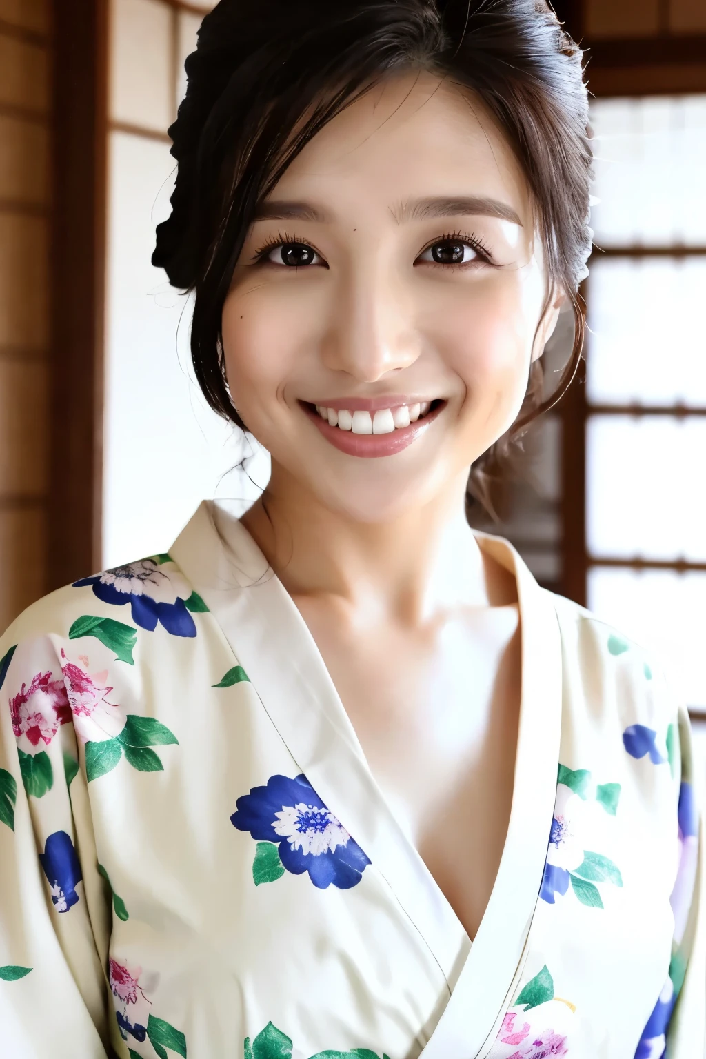 (Highest quality、Tabletop、8k、Best image quality、Award-winning works)、(One beautiful mature woman:1.1)、(Innkeeper:1.1)、(Elegant white floral pattern kimono:1.2)、 Perfect mature woman portrait photo、Glowing Skin、Standing Elegantly、(Blurred elegant and perfect background of Japanese-style room in luxury ryokan:1.2)、Glowing White Skin、Very white skin、(Accentuate your body lines:1.1)、The most graceful posture、Smiling with perfect beautiful teeth、Perfect teeth alignment、(Face close-up:1.3)、(Front facing body:1.1)、(nose:1.2)