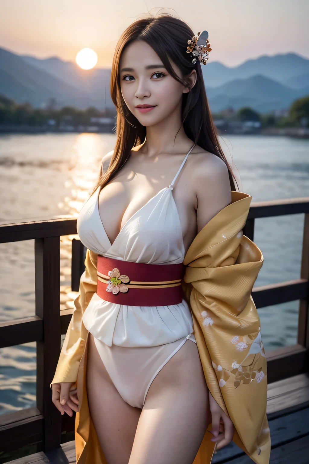 asuna, masterpiece, best quality, detailed, (1girl), solo, detailed golden eyes, long hair, standing, close to viewer, (detailed kimono), light smile, huge breasts,  (arms behind back, open legs show dark hairy pussy), water, sunset, (hair ornament), (Sakura bloom),  snow mountain lake in the background