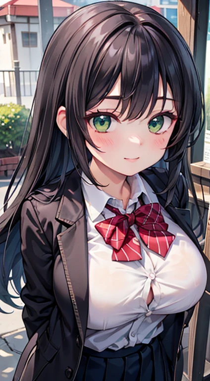 ((masterpiece, Highest quality, High resolution, Hyper HD, Pixel perfect, Depth of written boundary, 4K, RTTX 10.0, High resolution))), One girl, single, alone, Beautiful Anime, Beautiful art style, Anime Figures, ((Long Hair, bangs, Brown Hair, Curly Hair:0.8)), ((Green Eyes:1.4, Round eyes, Beautiful eyelashes, Realistic eyes)), ((Detailed face, blush:1.2)), ((Smooth texture:0.75, Realistic texture:0.65, Realistic:1.1, Anime CG style)), Huge boobs, Dynamic Angle, Perfect body, ((Portraiture, viewing angle)), ((Red bow tie, school uniform, Black jacket, Open jacket, Brown cardigan, White shirt, Black Skirt, Checked skirt)), smile, amusement park