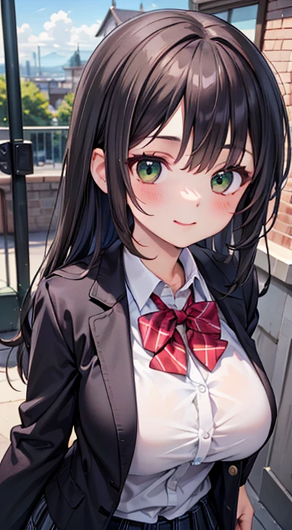 ((masterpiece, Highest quality, High resolution, Hyper HD, Pixel perfect, Depth of written boundary, 4K, RTTX 10.0, High resolution))), One girl, single, alone, Beautiful Anime, Beautiful art style, Anime Figures, ((Long Hair, bangs, Brown Hair, Curly Hair:0.8)), ((Green Eyes:1.4, Round eyes, Beautiful eyelashes, Realistic eyes)), ((Detailed face, blush:1.2)), ((Smooth texture:0.75, Realistic texture:0.65, Realistic:1.1, Anime CG style)), Huge boobs, Dynamic Angle, Perfect body, ((Portraiture, viewing angle)), ((Red bow tie, school uniform, Black jacket, Open jacket, Brown cardigan, White shirt, Black Skirt, Checked skirt)), smile, amusement park