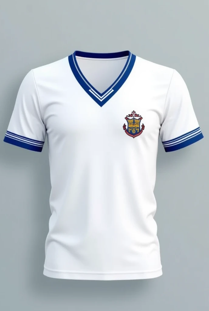 A white short-sleeved school shirt with a 3cm blue stripe and a central crest above in the middle horizontally, with sleeves with blue borders matching the center stripe and a V-neck also with blue stripes