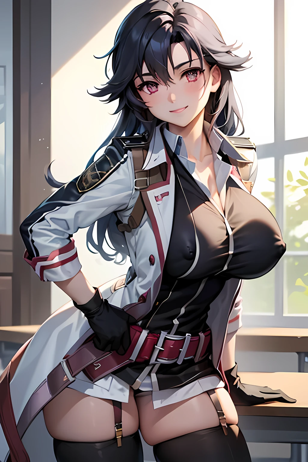 masterpiece, mischievous smile, light blush, looking at viewer, huge breasts, sexy pose, female rean schwarzer, long hair, white coat, black shirt, black gloves, thigh strap, red belt, black pants, nipples, detailed white classroom in the background