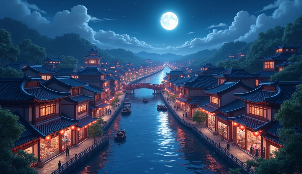 ​masterpiece, top-quality, depth of fields, high details, 8K, anime a night scene of china town, lots of shop outlets, chinese lanterns, detailed background, high angle view, beside a river, wooden boats, a large bridge on the middle, moon