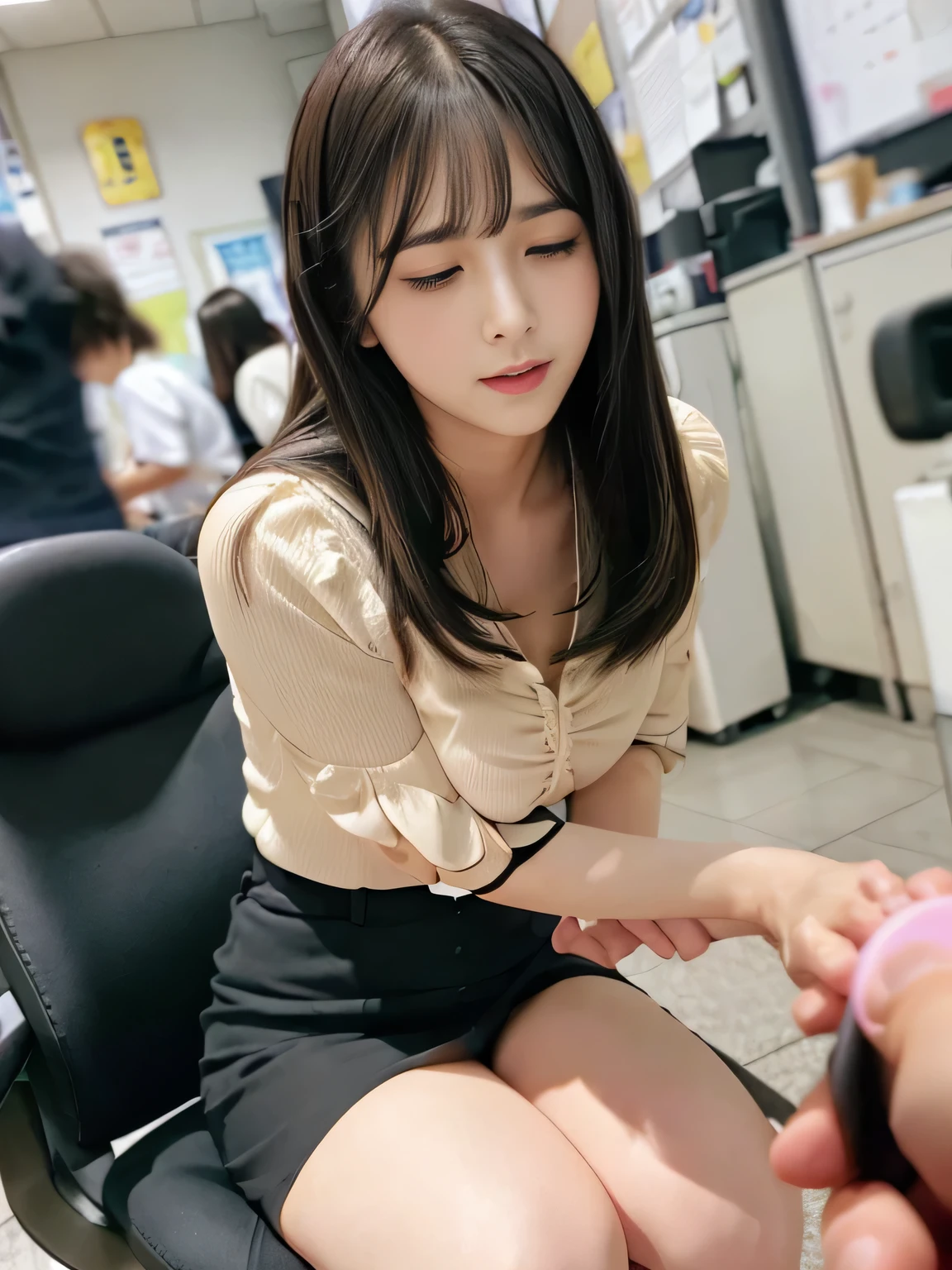 Vibrator prank in the office,Women in the company,She leaned forward.,(She closes her eyes),she yawns,　A lot of people around、crowd、Hand holding a pink remote control outside the frame,She wants me to stop using the vibrator,Look here and plead、Embarrassed face、She puts her hands on her crotch under the desk,She is wearing a black suit with a tight skirt、White blouse、Work at your desk、ＯＬ、Sitting in a chair、Computer work、Fluffy medium hair、Pure erotic face、(Masseter muscle area:1.3)、(8k、Photorealistic、RAW Photos、Highest quality: 1.4)、(One Girl)、Very beautiful face、Very beautiful face、Very beautiful face、(Very realistic face)、(Black-haired、Straight Long Hair:1.3)、Very beautiful hairstyles、Very realistic eyes、Very beautiful details、（Extremely realistic skin）、Very beautiful skin、Absurd、Very attractive、Ultra-high resolution、Surreal、High definition、Golden Ratio、Golden Ratio、Golden Ratio、beauty、beauty、beauty。