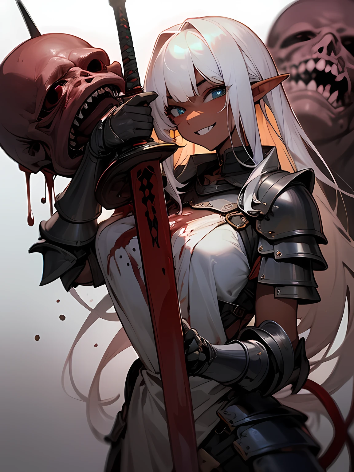 learning foward:1.3,looking at viewer,A greatsword entwined with the cursed viscera of a demon、(Creepy and mysterious great sword), A sword that clings like human organs,Sharp Metal,(big eyes), BREAK, beautiful female elf, dark skin ++, charming, sensual grin smile,Face Blood、I am the star、Violence、Expression of pleasure、Eroticism、Torn armor、Suggestive skin