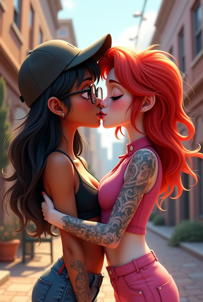 pixar design, Two female agers , una de pelo long negro, with glasses and cap, brown skin, another with red hair , long, with tattoos, White skin, pink military style clothing, kissing