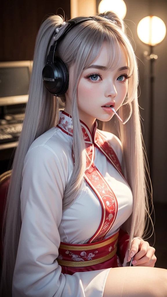 (A beautiful girl wearing a red traditional Chinese costume, seductively licking a lollipop, wearing headphones in a recording studio, posting cute poses on social media.) (This beautiful girl is , 18% Japanese, 26% French, 56% Ukrainian, 178 cm tall, small bust but stylish, with a beautifully balanced figure.) (Her hair is very long, pinkish gray, tied in twin tails with black ribbons, curling in a spiral towards the end.) (Her eyebrows are the same color as her hair, thin, slightly thick, short, and her eyelashes are long.) (Her big blue eyes reflect the light of the lighting and are amazingly beautiful like pearls.) (Her nose is high like an Englishman, her lips are plump and kissable, her skin is translucent white, and the proportions of her head and face are traditional Japanese.) Aesthetics. The number of fingers is also noteworthy, not too many or too few, and even the tips of her nails are very delicately expressed. (Single, Masterpiece, Ultra-detailed, Highest quality, Artistic composition, Ultra-accurate, Realistic, Photorealistic, High resolution, Dynamic lighting effects, Consider the proportions of the whole composition, Ultra-realistic). Try to highlight facial expressions and appearance. Try your best to meet all these criteria.