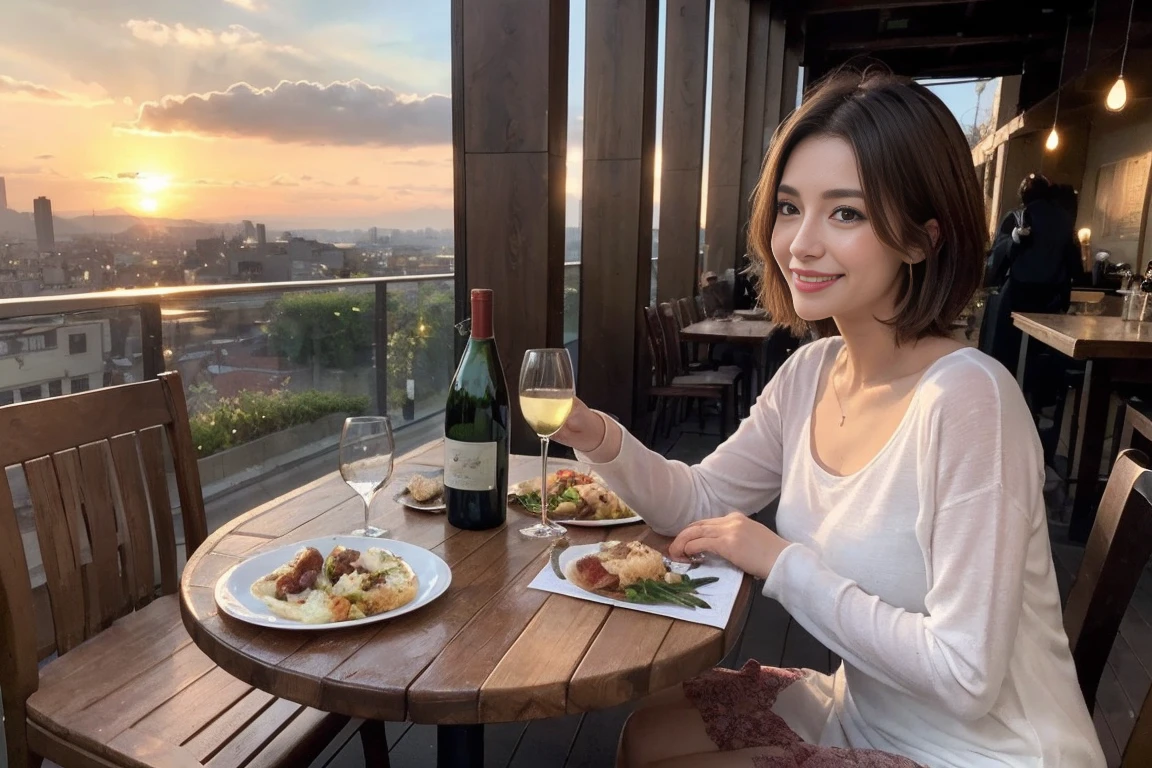 （Realistic:1.1）,(masterpiece,Highest quality)，8k,(49 years old), 53 years old, ベリーslimボディ、slimカップル、Tight waist,Upper Body,full-course dinner、wine 、Amazing view of the sunset sky and clouds、Perfect ???????, Brown Hair, short hair,Random Hairstyles,((Highly detailed face and eyes:1.2))，Perfect golden ratio face，Long sleeve shirt、dress,(smile:1.2)、Shortcuts、cute、(Realistic, Intricate details:1.2), A bright smile、short hair,Bright Face、赤wine 、Appetizers、Italian food、wine bottle、Champagne、スパークリングwine、(slimな顔), (The body is slim), (Brown Hair), (Shortcuts),  Upper Body, 白wine, slim, wineグラス, 