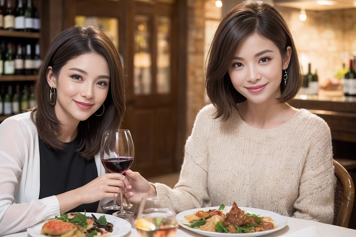 (Realistic:1.1),(masterpiece,Highest quality),8k,(49 years old), 53 years old, ベリーslimボディ、slimカップル、Tight waist,Upper Body,full-course dinner、wine 、Amazing view of the sunset sky and clouds、Perfect Anatomy, Brown Hair, short hair,Random Hairstyles,((Highly detailed face and eyes:1.2)),Perfect golden ratio face,Long sleeve shirt、dress,(smile:1.2)、Shortcuts、cute、(Realistic, Intricate details:1.2), A bright smile、short hair,Bright Face、赤wine 、Appetizers、Italian food、wine bottle、Champagne、スパークリングwine、(slimな顔), (The body is slim), (Brown Hair), (Shortcuts), Upper Body, 白wine, slim, wineグラス,