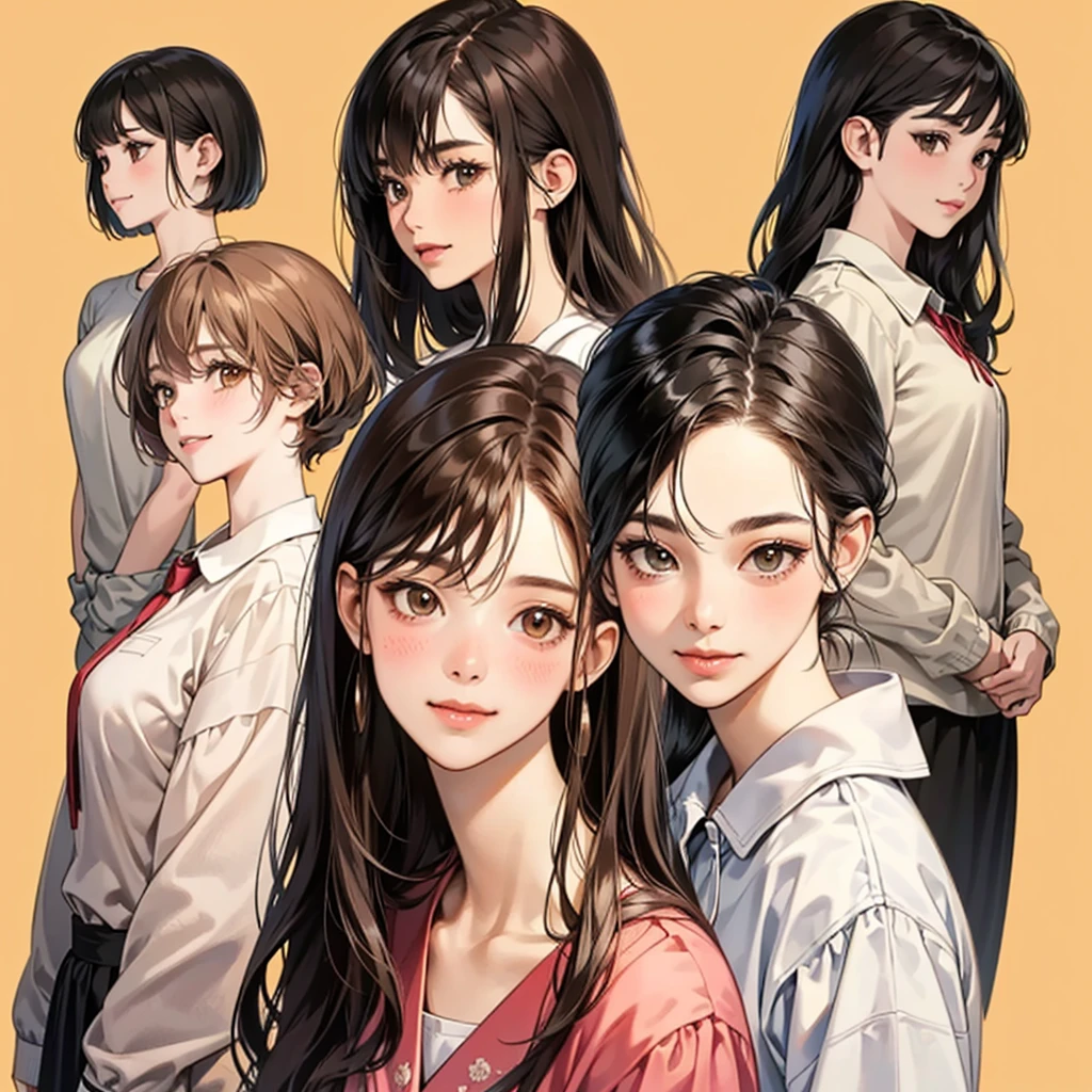 Four girls, black hair, long hair, shill, bob, smile, Stationary face,Light blush on the cheeks, brown eyes, simple background, high resolution, brown hair, stand in a line., 