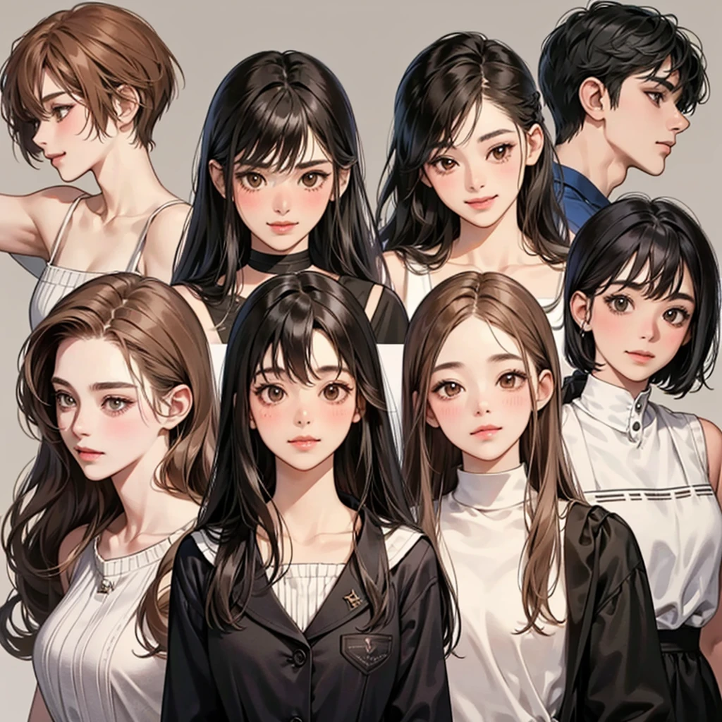 Four girls, black hair, long hair, shill, bob, smile, Stationary face,Light blush on the cheeks, brown eyes, simple background, high resolution, brown hair, stand in a line.,