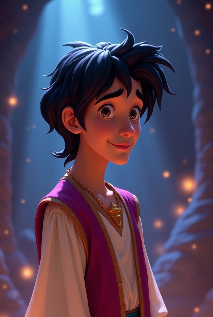 Aladdin, the main character in Aladdin. He is a young man living in poverty in the desert kingdom of Agrabah. Although he makes ends meet by sneaking around, he yearns for his late mother and tries to one day become someone she would not be ashamed of. By chance, he becomes the master of Jeannie, the spirit of the lamp. The cheerful lamp nymph Jeanie serves Aladdin, who becomes her master, and tries to fulfil his ‘three wishes’. His big eyes should be wide open, reflecting the surreal world of the desert kingdom of Agrabah. Genie the jolly lamp fairy, Aladdin, the Wizard, etc. The lighting is soft yet dramatic, and the suitors, who are only pretentious, are affectionate and crave their freedom. She is a modern woman who is intelligent and strong, sometimes using her own beauty as a weapon. The colour palette is a mix of soft pastels and dark, introspective tones, creating a balance between innocence and the complexity of her thoughts.