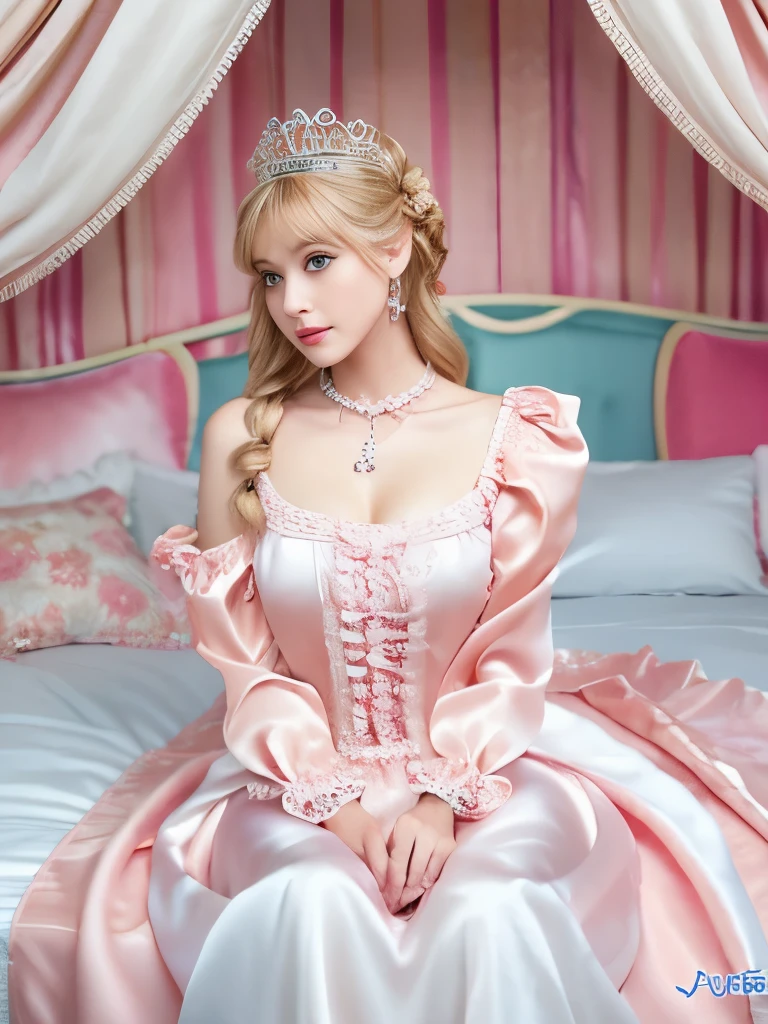 ,highest quality, masterpiece, Highest Resolution, artwork, super それにGet used to it, many Get used to it, Get used to it, それにGet used to it, 3K realistic photos,,(()),Super detailed baby face,Tman are princesses,Full-length hot pink ball gown dress with hoop skirt,Frilled yoke collar,Puff sleeves,Long sleeve,((Lolita Style Detailed Princess Satin Dress、Lots of frills and ribbons。)),colorful rococo fashion,shiny satin dress,Soft and smooth fabric,luxury,Long blonde hair,blue eyes,White skin European,pajamas,((Inside the palace)),,,(( 25 year old)),Super detailed baby face,Full-lengtwn dress with hoop skirt,Long skirt,Frilled yoke collar,Puff sleeves,腰まで伸びるLong blonde hair,two braided ponytails blue eyes,White skin European,pajamas,((Inside the palace bedroom)),シルクサテンのluxuryなCanopy bedの上,Canopy bed,Gorgeous curtains on either side of the bed,There were a lot of frilly pillows on the bed.,Highly detailed background,Detailed bed,Romantic atmosphere, one princesses on the bed,((((Her legs are hidden inside the dress)))),The dress is spread out on the bed,Soft silk satin comforter in pastel colors,Pastel colored silk satin bed sheets,Soft silk satin ruffle pillow in pastel colors,Beautiful girl illustration,Beautiful detailed face Detailed hair,Detailed human eye ,Mouth details, Arm details,Beautiful Hands,Detailed pillow, big breasts, big dildo on bed, lasziver blick, große augen und lange wimpern