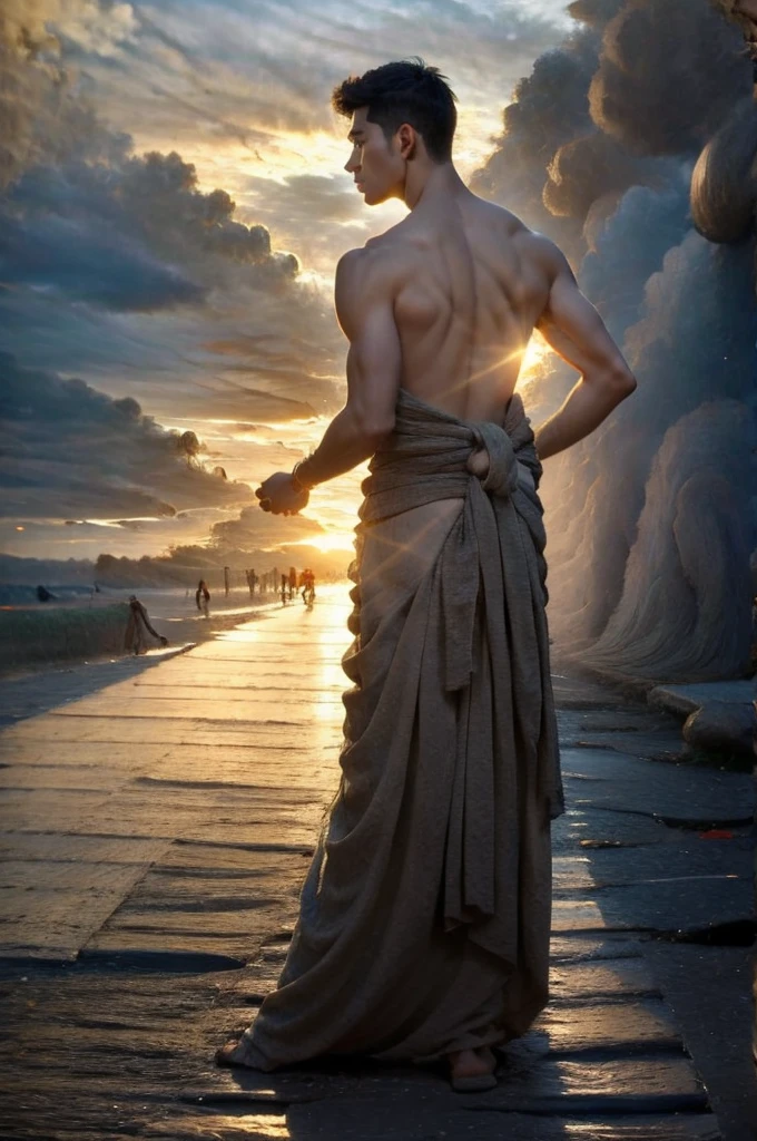 A young man in ancient clothing, his back to the viewer,Domineering standing,One hand behind your back,One hand outstretched forward,The tone is dim