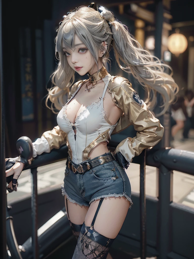 (Full Body View:1.2)、(Side view:1.1)、(Smiling with teeth showing:1.3),(Shibuya Gal:1.5)、(Beautiful:1.4)、(Goth Fashion:1.5)、(Punk RockVisual Kei:1.3)、(Futuristic baby doll in black, white and denim:1.5)、(A delicate jacket in beige, white and navy:1.5)、(Denim garter belt:1.5)、(Denim and black and white bodysuit:1.4)、(Heart-shaped silver accessories:1.5)、(Brown Skin Belt:1.4)、(Blue High Heels:1.4)、(Lace patterned underwear:1.4)、28 years old、NSFW,((Highest quality、In 8K、masterpiece:1.3))、Sharp focus:1.2、(Layered Cut、Beautiful boobs:1.1),Beautiful woman with perfect figure:1.4、(Doing an aerobics pose:1.3)、Slender Abs:1.2、Butt、Highly detailed face and skin texture、Detailed eyes、double eyelid,(Twin tails:1.3)、(Light gold colored hair:1.3)、(Black brown eyes:1.3)、Obscene、Gravure idol、(Luxurious amusement park at night:1.3)、(Make your legs thinner:1.4)、(Thin thighs:1.4)、(Slim Body:1.3)、(clavicle:1.1)
