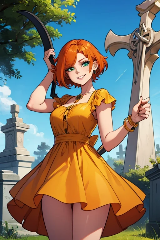 Perfect face. Perfect hands. An orange haired woman with green eyes and an hourglass figure in a cute yellow dress is spinning a scythe while smiling in a cemetery