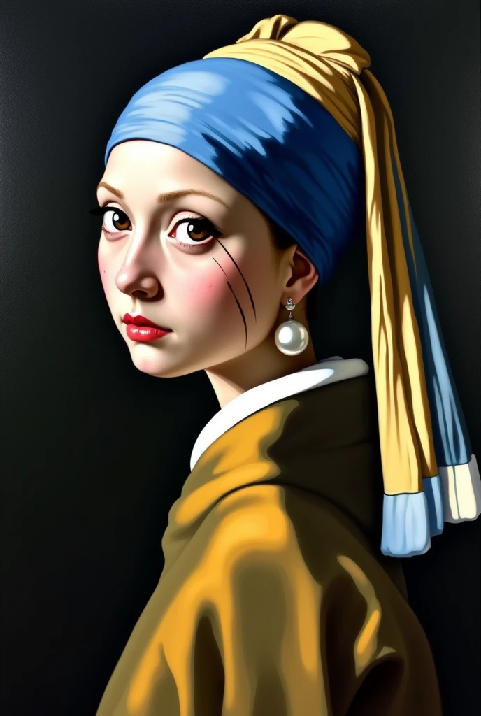 Make The girl with a pearl earing by johannes vermeer look like Kakashi in naruto. Make her left eye be a sharinggan and put a scar also