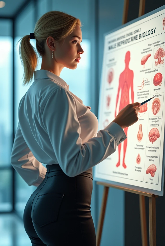 40yo,Realistic style and real women, she is Blonde with short hair, she has an hourglass figure, she has a surreal, hentai-like physique, with exaggerated curves that showcase large buttocks and voluminous breasts and she is very slim photorealiste,
On the poster, she appears in a scientist's outfit, wearing a crisp white blouse that symbolizes professionalism and rigor. Her hair is pulled back in a neat ponytail, giving her a serious yet approachable air.
She stands next to a large informative poster, featuring detailed Male genitalia and the mechanism of male genital erection and illustrations of sperm and its production. Colorful graphics and clear diagrams show the different stages of spermatogenesis, making the subject understandable to all.
Her expression is engaging, and she points with a pen or laser pointer to key elements of the poster, while explaining the processes in a concise and educational way. The text is written in simple language, designed to inform and capture the audience's attention.
The poster's background is bright and attractive, with eye-catching graphic elements that underline the importance of the theme. The overall composition conveys an image that is both instructive and captivating, while at the same time emphasizing its expertise as a scientist.