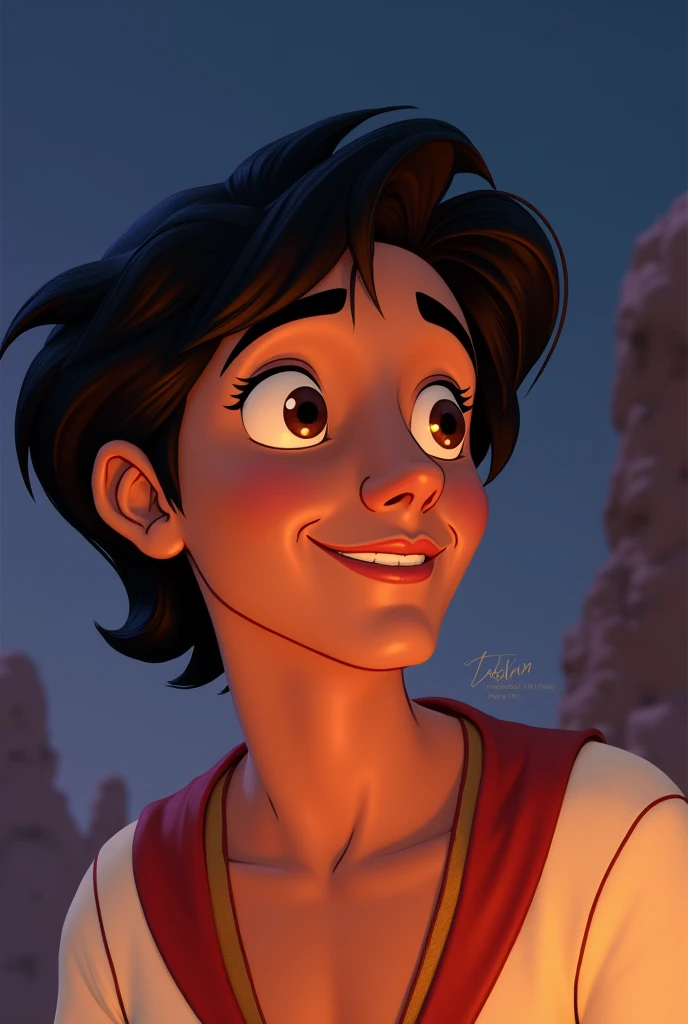 Aladdin, the main character in Aladdin. He is a young man living in poverty in the desert kingdom of Agrabah. Although he makes ends meet by sneaking around, he yearns for his late mother and tries to one day become someone she would not be ashamed of. By chance, he becomes the master of Jeannie, the spirit of the lamp. The cheerful lamp nymph Jeanie serves Aladdin, who becomes her master, and tries to fulfil his ‘three wishes’. His big eyes should be wide open, reflecting the surreal world of the desert kingdom of Agrabah. Genie the jolly lamp fairy, Aladdin, the Wizard, etc. The lighting is soft yet dramatic, and the suitors, who are only pretentious, are affectionate and crave their freedom. She is a modern woman who is intelligent and strong, sometimes using her own beauty as a weapon. The colour palette is a mix of soft pastels and dark, introspective tones, creating a balance between innocence and the complexity of her thoughts.