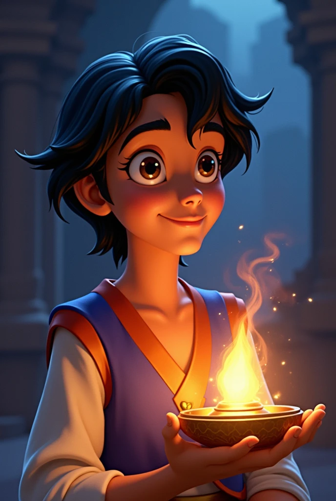Aladdin, the main character in Aladdin. He is a young man living in poverty in the desert kingdom of Agrabah. Although he makes ends meet by sneaking around, he yearns for his late mother and tries to one day become someone she would not be ashamed of. By chance, he becomes the master of Jeannie, the spirit of the lamp. The cheerful lamp nymph Jeanie serves Aladdin, who becomes her master, and tries to fulfil his ‘three wishes’. His big eyes should be wide open, reflecting the surreal world of the desert kingdom of Agrabah. Genie the jolly lamp fairy, Aladdin, the Wizard, etc. The lighting is soft yet dramatic, and the suitors, who are only pretentious, are affectionate and crave their freedom. She is a modern woman who is intelligent and strong, sometimes using her own beauty as a weapon. The colour palette is a mix of soft pastels and dark, introspective tones, creating a balance between innocence and the complexity of her thoughts.