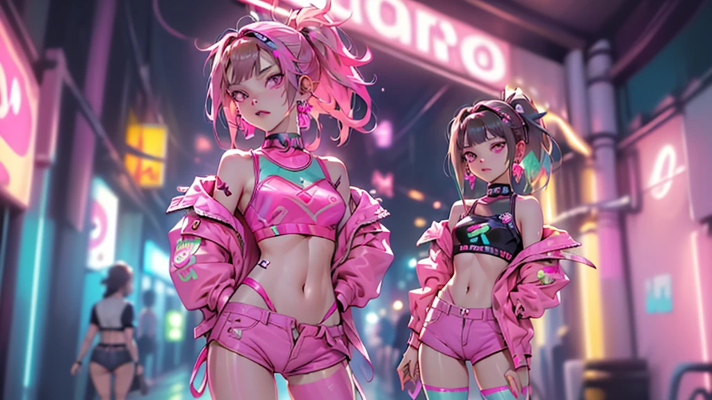 ((Masterpiece)), best quality, absurderes, ultra detailed, holographic, cowboy shot, golden ratio, super cute girl, mature girl, idol girl, super beautiful asian girl with very beautiful violet glowing eyes, beautiful glowing brown multicolored hair, high ponytail, nice and sexy body, slim body, perfect body, an anime printed super tight off shoulder long sleeve crop top, wearing super tight anime print micro shorts, a super aesthetic transparent mini jacket, beautiful hair ornament, pink jordan tennis, being photographed in a mall shop,( undressing, taking off micro shorts, showing neon pink panties, showing thong: 1.5)