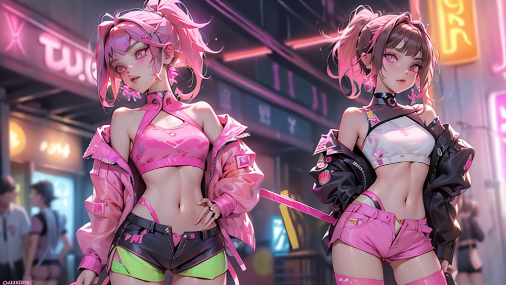 ((Masterpiece)), best quality, absurderes, ultra detailed, holographic, cowboy shot, golden ratio, super cute girl, mature girl, idol girl, super beautiful asian girl with very beautiful violet glowing eyes, beautiful glowing brown multicolored hair, high ponytail, nice and sexy body, slim body, perfect body, an anime printed super tight off shoulder long sleeve crop top, wearing super tight anime print micro shorts, a super aesthetic transparent mini jacket, beautiful hair ornament, pink jordan tennis, being photographed in a mall shop,( undressing, taking off micro shorts, showing neon pink panties, showing thong: 1.5)