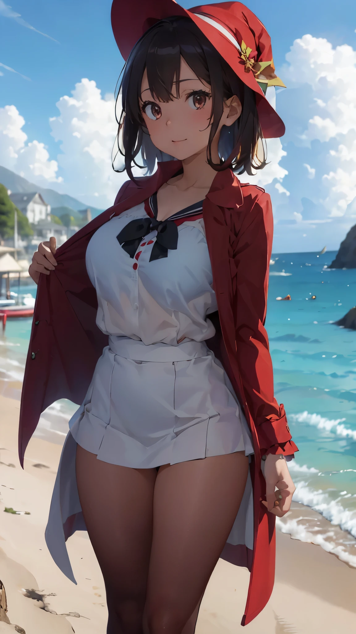 (Cute Smile、Black short bob)、((Clothed Big Tits、Pure white blouse))、((Light blue flared skirt、The wind blows up her skirt and her underwear is visible、Cute underwear in white))、Bare feet and naked feet、((Sandy beach, sea and blue sky、A yacht on the sea))、((The face is in focus and the background is blurred、Shallow depth of field))、Realistic、Standing posture、((C cup small breasts、Closer valley、Pie Slash))、(A vibrant crimson long coat over a blouse、She spreads her crimson long coat with both hands.)、(A light blue bra is clearly visible through the wet blouse.、Light blue wired bra)、(Black cane、Wooden walking stick、Hold one in your right hand)、(A bright red witch's hat、Bright red hat)