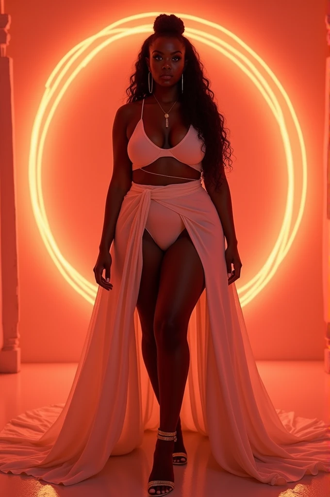 objective, a dark skin Dravidian Moor beauty Goddess with insane ass, UHD, extremely long (floor-length) hairstyle, focus, neon wavy hair mohawk, tiny waist:2, ultra high resolution skin, Womancore, dimly lit pale orange room with neon coral 🪸 ring, DSLR, Vaporwave, wearing white gown billowing, thick muscular legs, size zero waist chest with huge ass, by DynastySeries, tiniest waist:2, face lit, no nudity #HUGEASS (worlds 🌎 largest buttocks hips) Huge Ass