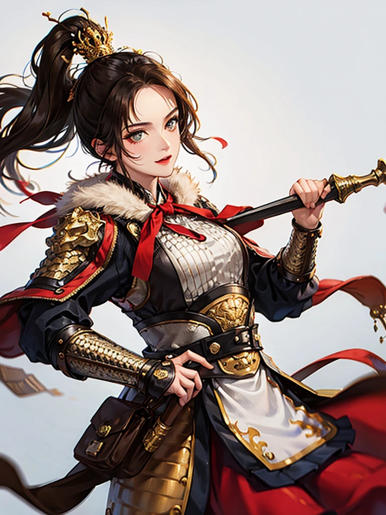 (no background:1.4), (cowboy shot), best quality, masterpiece, Solo, detailed beautiful girl, ancient Chinese armor, large breasts, silver armor, white cloth, short hair, brown hair, fascinator, helmet, smile, cheerful, holding sword, fur