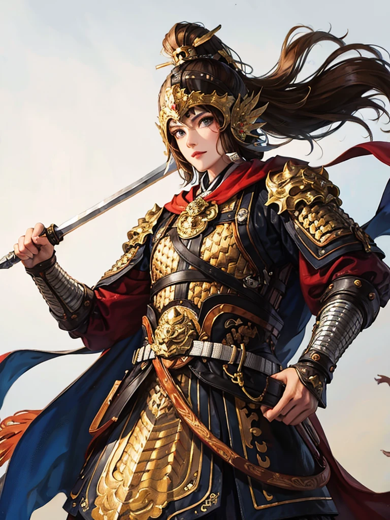 (no background:1.4), (cowboy shot), best quality, masterpiece, Solo, detailed beautiful girl, ancient Chinese armor, large breasts, silver armor, white cloth, short hair, brown hair, fascinator, helmet, smile, cheerful, holding sword, fur