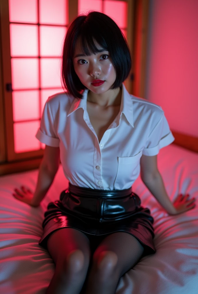 ((Japanese sexy idol)) Mature Woman ((Plump, bright red lips with lipstick)) Big Breasts Plump Chubby round face Plump figure ((Short brown hair with bangs)) ((Looking into the camera)) Sit with your legs apart ((White button-up shirt with black patent leather tight skirt and black stockings)) Sweaty skin 布団の上にSit with your legs apart look down ((A bedroom with shoji and tatami mats lit up in pink neon lights))