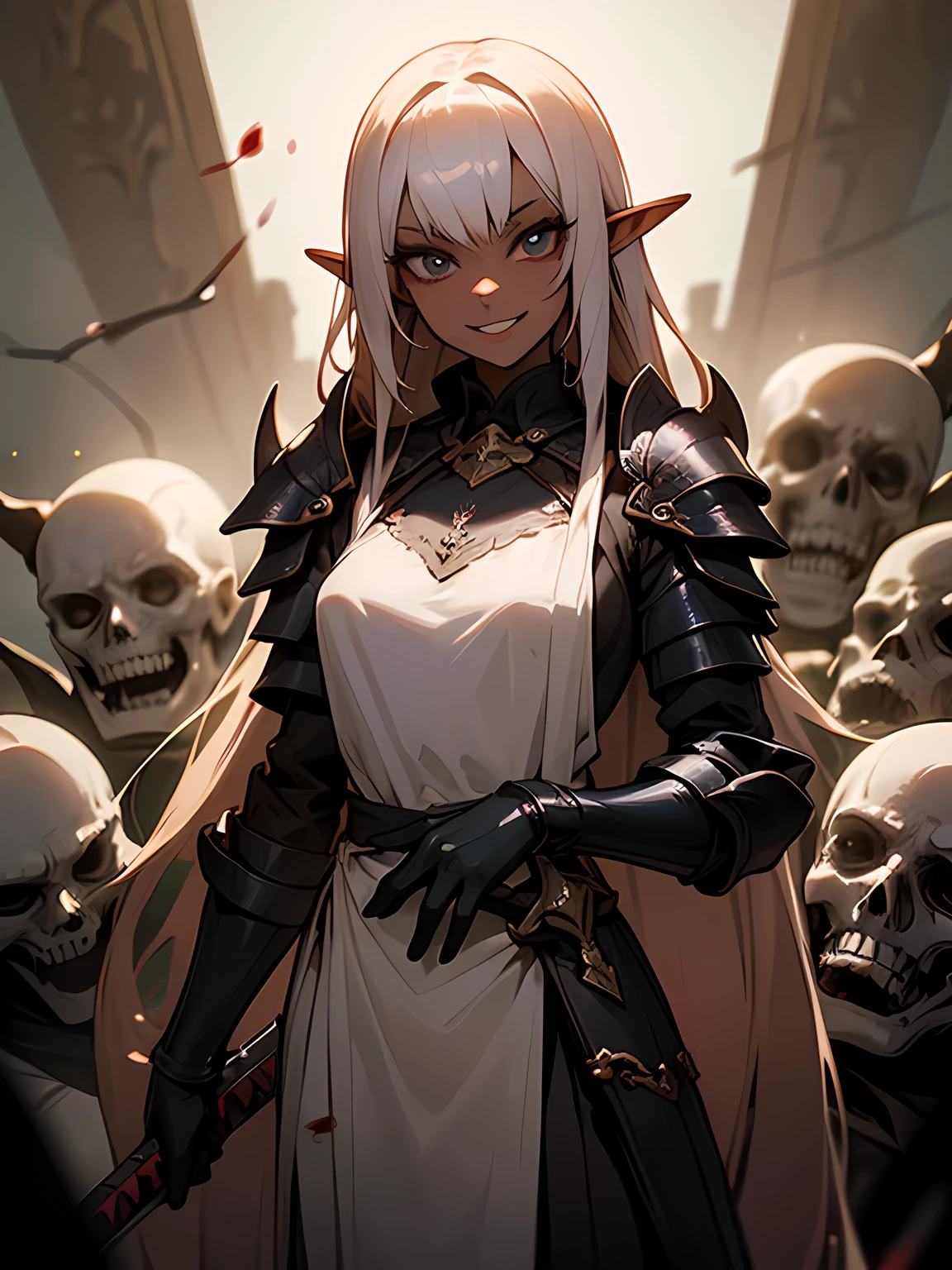 A greatsword entwined with the cursed viscera of a demon、(Creepy and mysterious great sword), A sword that clings like human organs,Sharp Metal,(big eyes), BREAK, beautiful female elf, dark skin ++, lewd armor, charming, sensual grin smile,Face Blood、I am the star、Violence