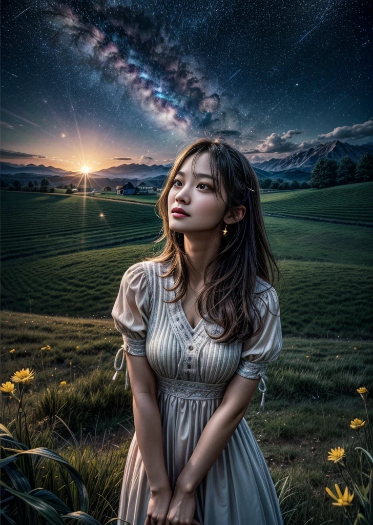 There is a woman looking up at the night sky in the grassland.、I can see a lamp next to me.、There is a farmhouse a little far away.、And I can see the light from the window、Distant Mountain々The sun sets between、There are many stars shining in the night sky、A Ray of Shooting Star、Perfect lighting、Sharp focus、High definition、high resolution、High color rendering、High resolution、Surreal、Like the picture