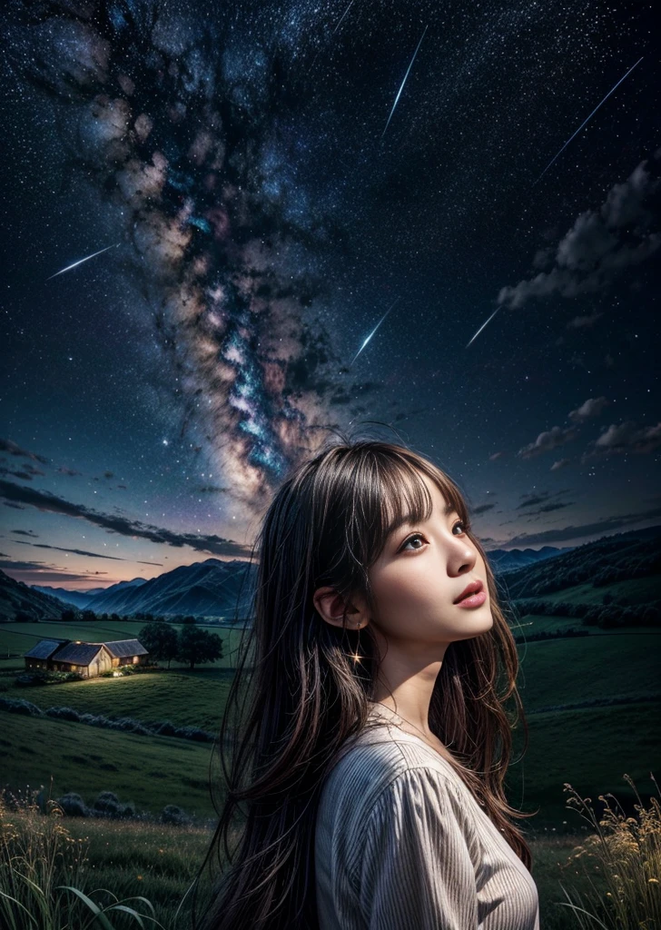 There is a woman looking up at the night sky in the grassland.、I can see a lamp next to me.、There is a farmhouse a little far away.、And I can see the light from the window、Distant Mountain々The sun sets between、There are many stars shining in the night sky、A Ray of Shooting Star、Perfect lighting、Sharp focus、High definition、high resolution、High color rendering、High resolution、Surreal、Like the picture
