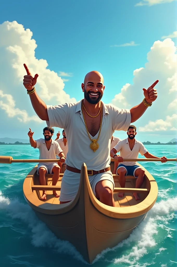 A dynamic scene of five men participating in a Kerala boat race. The main character is standing at the front of a long, traditional wooden boat. He has no facial hair (no beard or mustache), is bald, not muscular, and exudes happiness and energy. He is wearing a white shirt with a golden chain, and he is pointing his finger forward with a confident, joyful expression. The other four men are seated behind him, all wearing t-shirts, rowing with enthusiasm. The boat is long, reflecting the traditional style of Kerala boat races. The scene captures the essence of teamwork, excitement, and the beauty of the water under a bright sky.