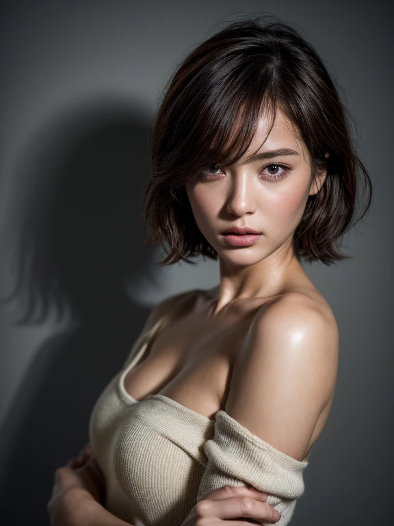 Best Quality, masterpiece, ultra high resolution, (photorealistic:1.5), raw photo, 1 girl, off the shoulder, In the dark, deep shadow, low key, cold light, sexy look, short hair