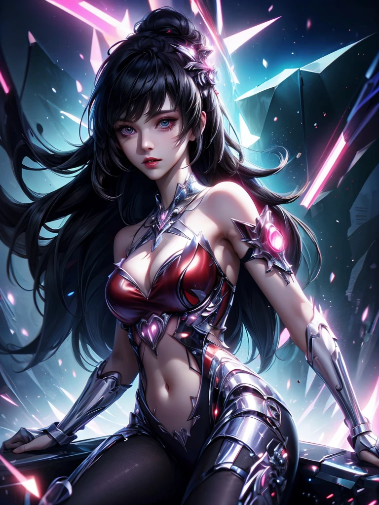 4k ultra hd, masterpiece, high details, a girl, cute face, detailed eyes, long hair, detailed lips, medium breasts, red lights on dress, Cyberpunk red dress, red neon lights connected on dress, neon breasts, bare waist, red electric current effect, glowing effect, direct-x 2.0 visual effect, high graphic night lights, spreading light, red light reflection, light reflection on road, everywhere spreading red lights, neon lights, sitting, whole body capture,
