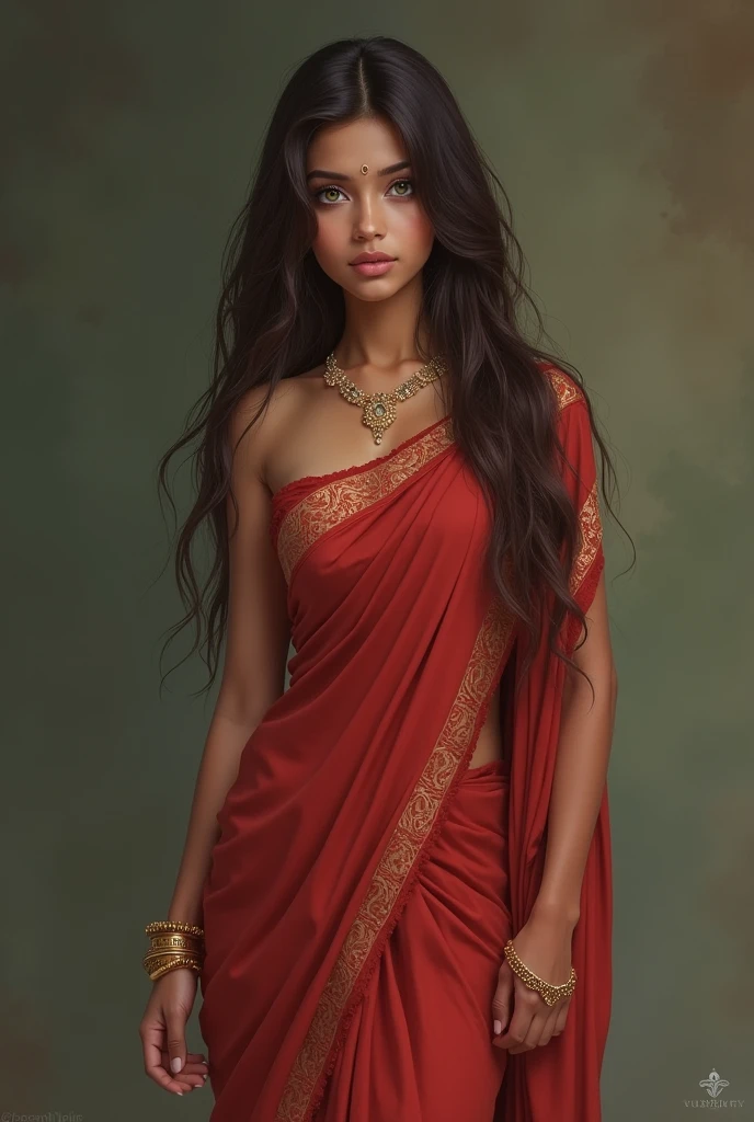 1 girl in, 20 year, standing alone, long hair, Indian, looking ahead at viewer, hair Brunette, bared shoulders, greeneyes, jewerly, whole body, a necklace, off the shoulders, Saree, realisitic, A sexy, big boobies

