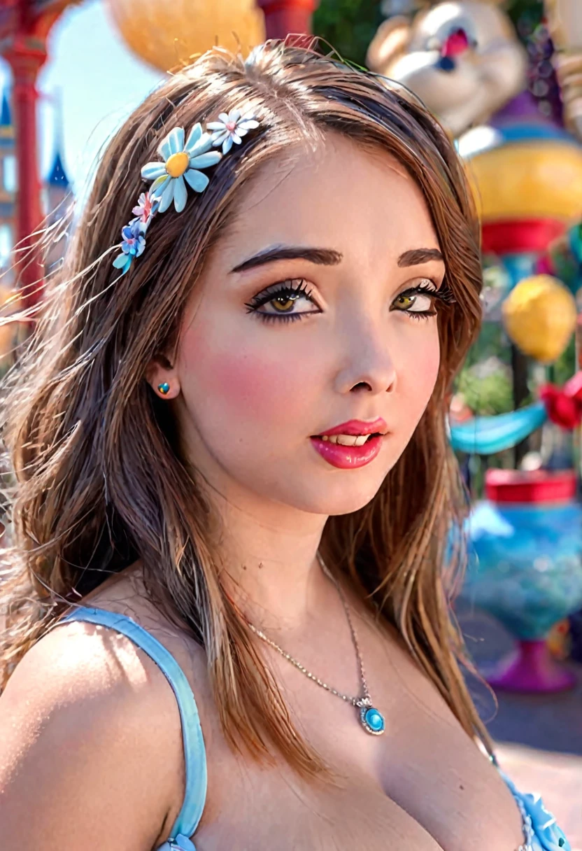 (A cute woman, 25 years old, wearing a sexy Disney outfit, wandering around Disney Land, playful poses, turning her butt to the viewer, best quality, 4k, 8k, highres, masterpiece:1.2, ultra-detailed, realistic, photorealistic, photo-realistic:1.37, HDR, UHD, studio lighting, ultra-fine painting, sharp focus, physically-based rendering, extreme detail description, professional, vivid colors, bokeh, disney, disney style, fantasy, whimsical, colorful, bright, cute, playful, feminine, beautiful detailed eyes, beautiful detailed lips, extremely detailed eyes and face, long eyelashes) show all of her from head to toe