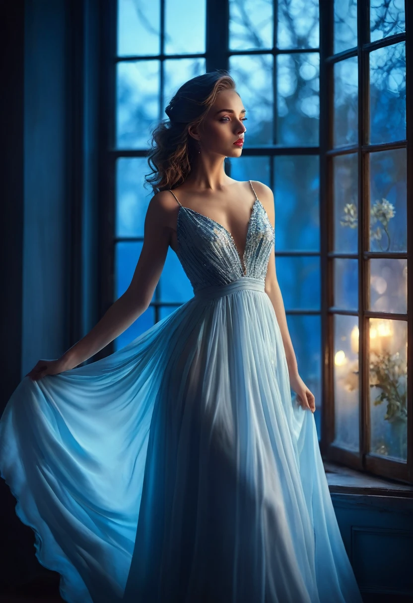 closeup shot, woman in a dress standing in front of a window, a picture by Marie Bashkirtseff, shutterstock, romanticism, half-turned lady in evening gown, flowing gown, wearing a flowing dress, mysterious woman, haunting beautiful young woman, wearing a white flowing dress, flowing dress, woman in dress, extremely moody blue lighting, miss aniela