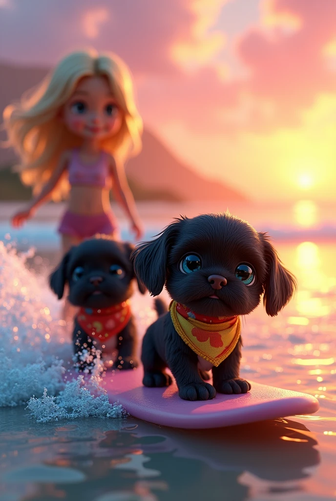 cute adorable 2 black shih tzu puppies, surfing, cute blonde girl, extremely detailed, big blue eyes, wearing colorful collar and bandana, surfing, 3D Pixar style, at beach, sunrise in background, photorealistic, (best quality,8k,highres,masterpiece:1.2),ultra-detailed,(realistic:1.37),HDR,vivid colors,studio lighting