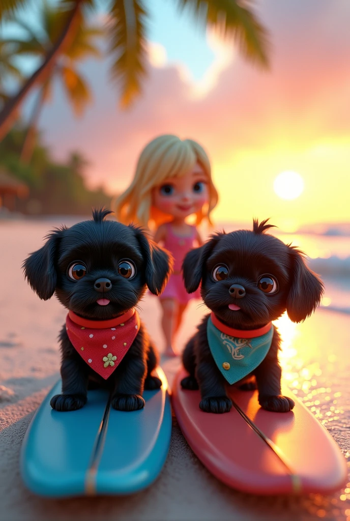 cute adorable 2 black shih tzu puppies, surfing, cute blonde girl, extremely detailed, big blue eyes, wearing colorful collar and bandana, surfing, 3D Pixar style, at beach, sunrise in background, photorealistic, (best quality,8k,highres,masterpiece:1.2),ultra-detailed,(realistic:1.37),HDR,vivid colors,studio lighting