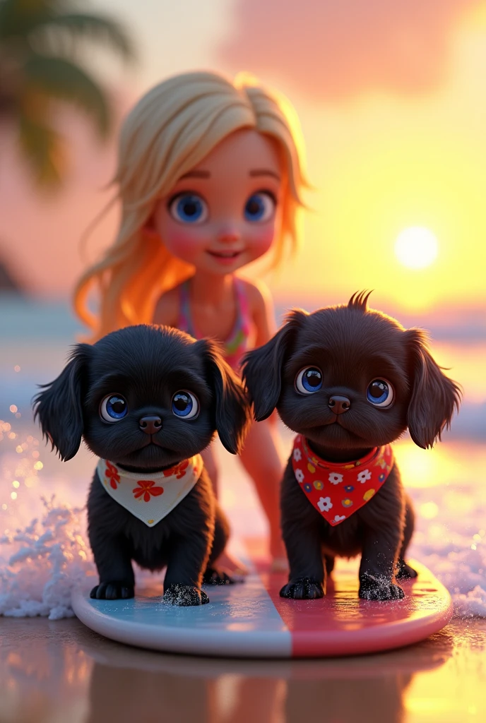 cute adorable 2 black shih tzu puppies, surfing, cute blonde girl, extremely detailed, big blue eyes, wearing colorful collar and bandana, surfing, 3D Pixar style, at beach, sunrise in background, photorealistic, (best quality,8k,highres,masterpiece:1.2),ultra-detailed,(realistic:1.37),HDR,vivid colors,studio lighting