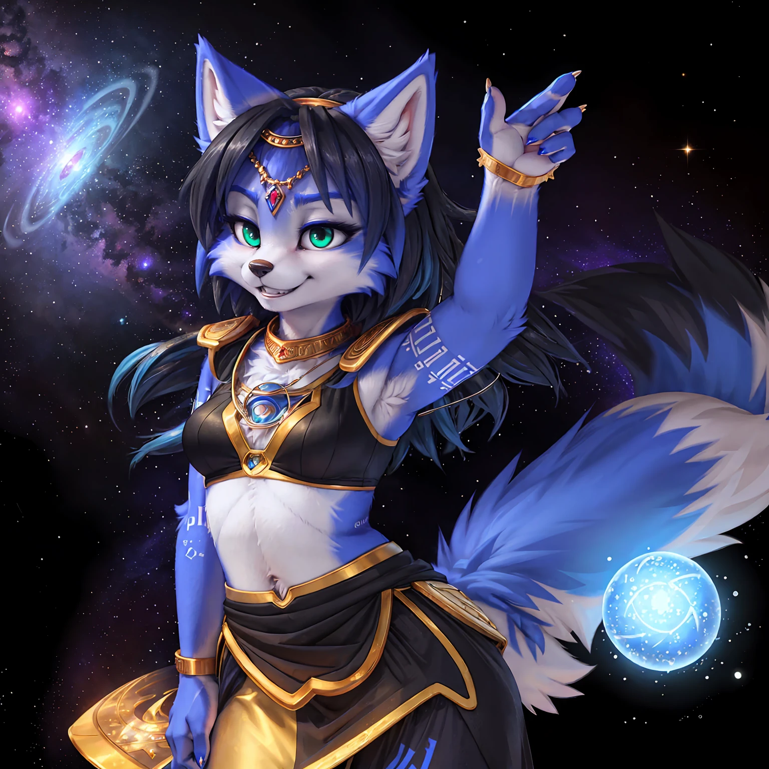A beautiful and detailed (sweet picture) wa ((krystal)), Star Fox Krystal, sslim, lovable, green eyes, medium breasts, (((Long blue hair 1.3))),  ((Tips for black hair)), Decollete, grin, look up,, anthro, furry, Uploaded E621, detailed fluffy fur, (wa Fluff-Kevlar, Bayard Wu, personalize me, Pino Daeni), detailed face, (fluffy), 1 girl, alone, sweet girl, alone, Energy ball, Sorceress Sorceress cast, Wizard Clothing, Angry face, Evil spell, Tail up, Eyes are large and expressive, Magnificent sword lilies in blue and violet, Cosmic background, Amazing space background